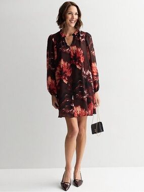 London Times Split Neck Bishop Sleeve A-line Dress